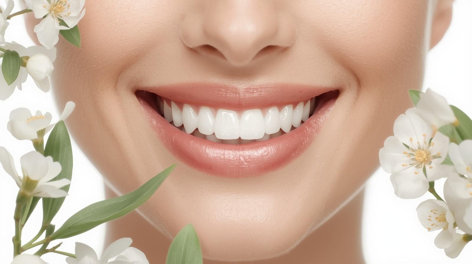 Bright white smile surrounded by green leaves and soft spring flowers representing dental health, freshness, and spring dental cleaning.