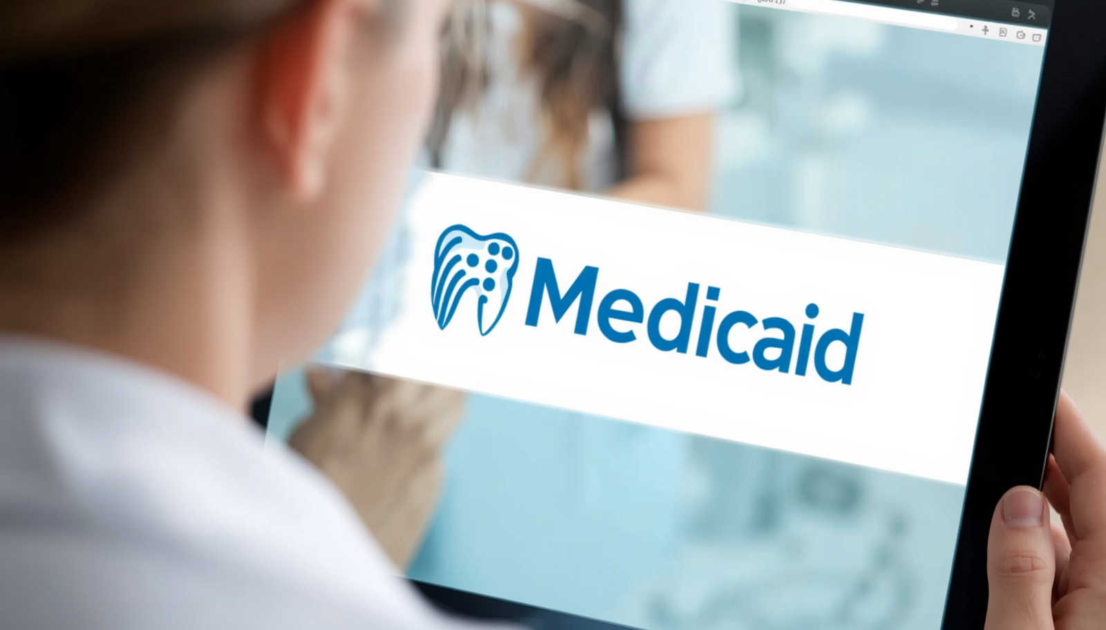 A person looking on screen with Medicaid logo.