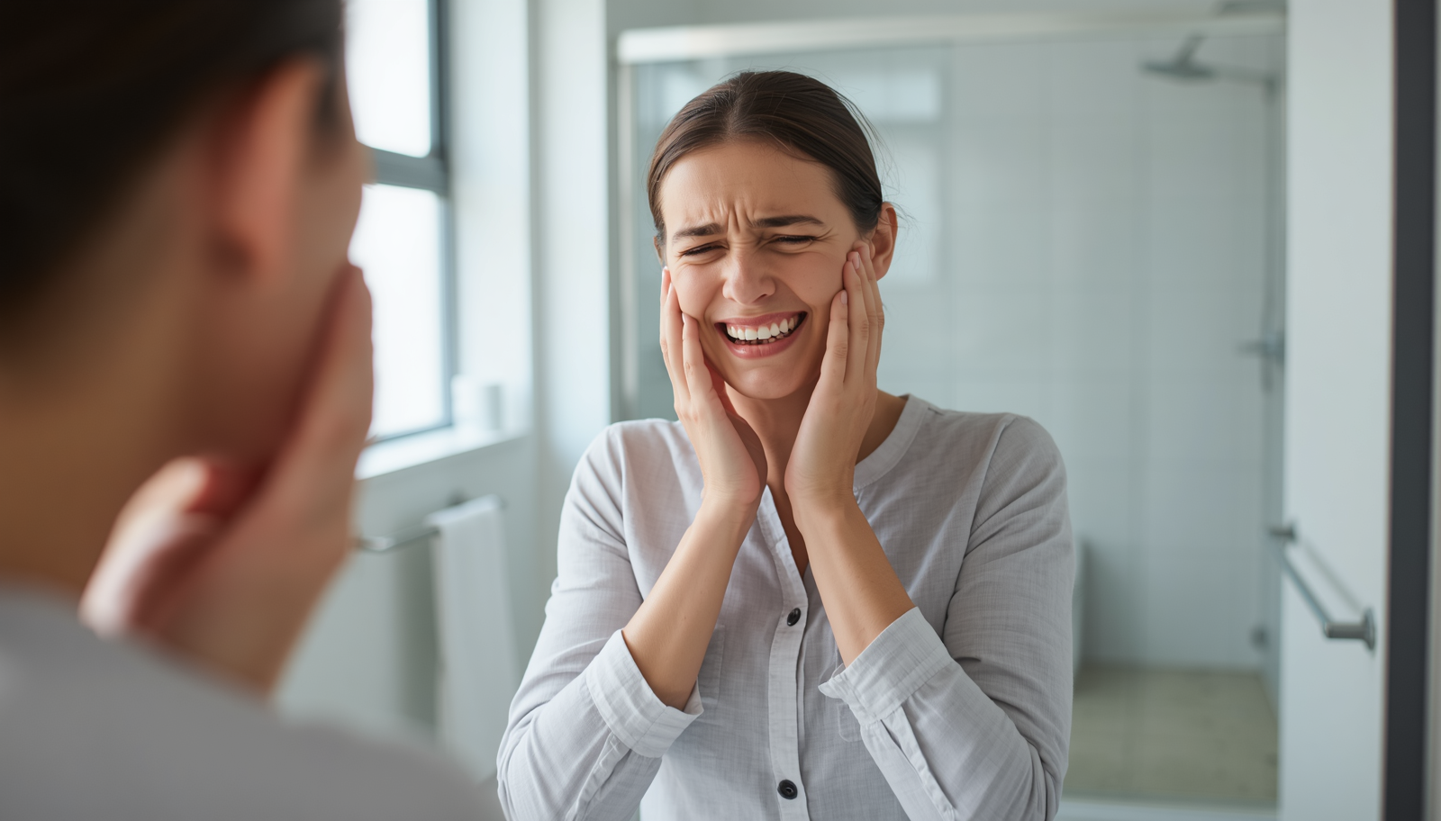 A woman standing in front of a bathroom mirror holding her cheeks, showing discomfort and pain from gum disease