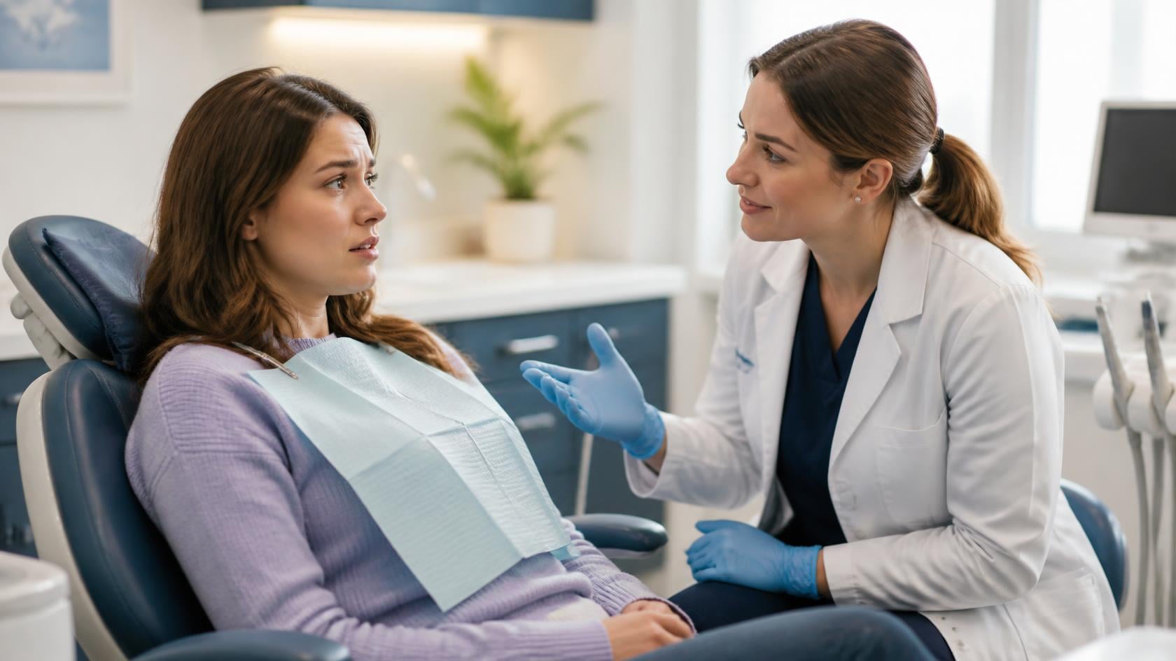 A calm dentist speaking gently to an anxious patient.